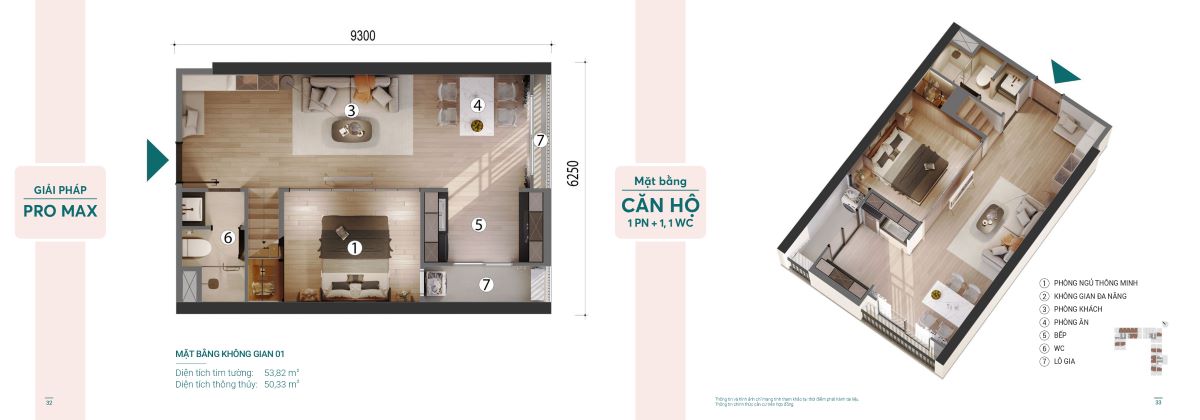 Thiết kế căn 1PN+1,1WC gói Pro căn hộ hi-ceiling picity sky park